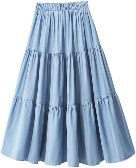 Summer Midi Long Denim Skirt, Women's Vintage High Waist Soft Retro A-Line Jean, Female Pleated Design