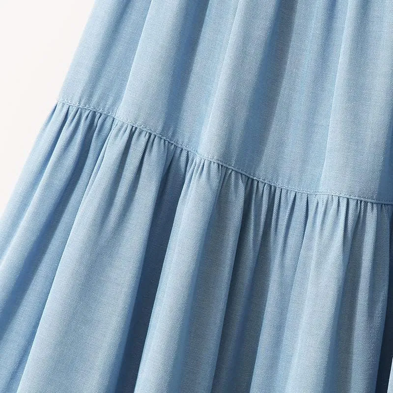 Summer Midi Long Denim Skirt, Women's Vintage High Waist Soft Retro A-Line Jean, Female Pleated Design