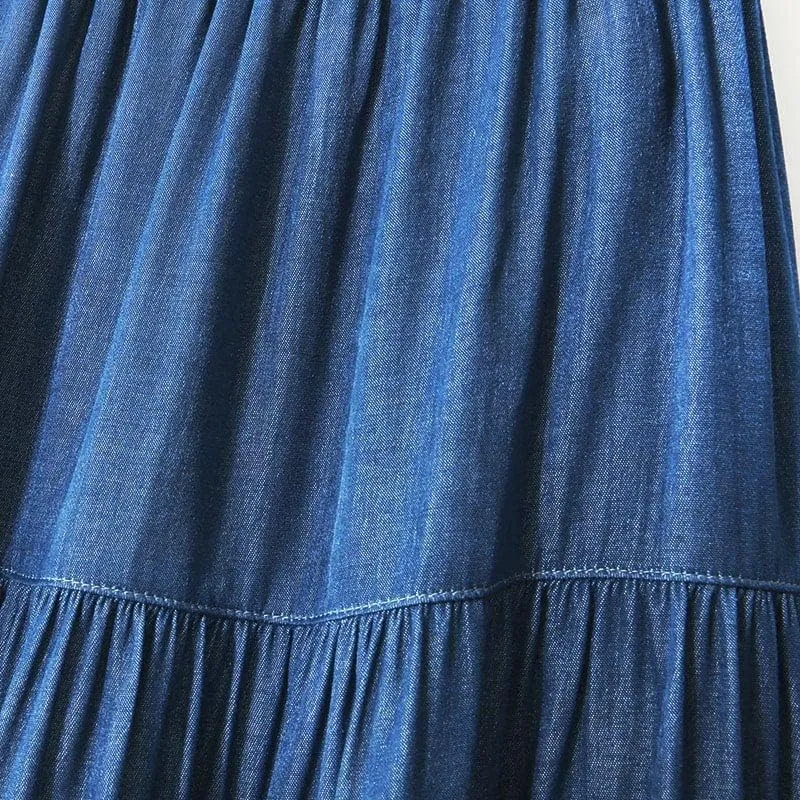 Summer Midi Long Denim Skirt, Women's Vintage High Waist Soft Retro A-Line Jean, Female Pleated Design