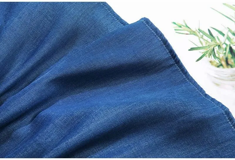 Summer Midi Long Denim Skirt, Women's Vintage High Waist Soft Retro A-Line Jean, Female Pleated Design