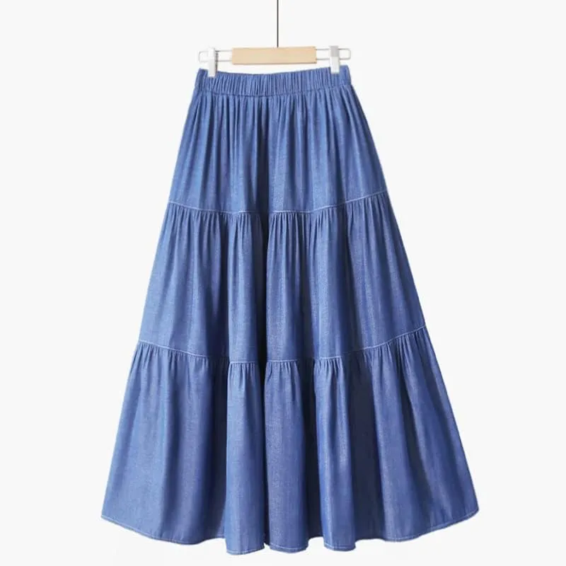 Summer Midi Long Denim Skirt, Women's Vintage High Waist Soft Retro A-Line Jean, Female Pleated Design