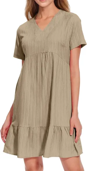 Sundresses for Women Soft V Neck Short Sleeve Ruffle Hem Tiered Flowy Swing Midi Dresses Loose A Line Flowy Beach Dress