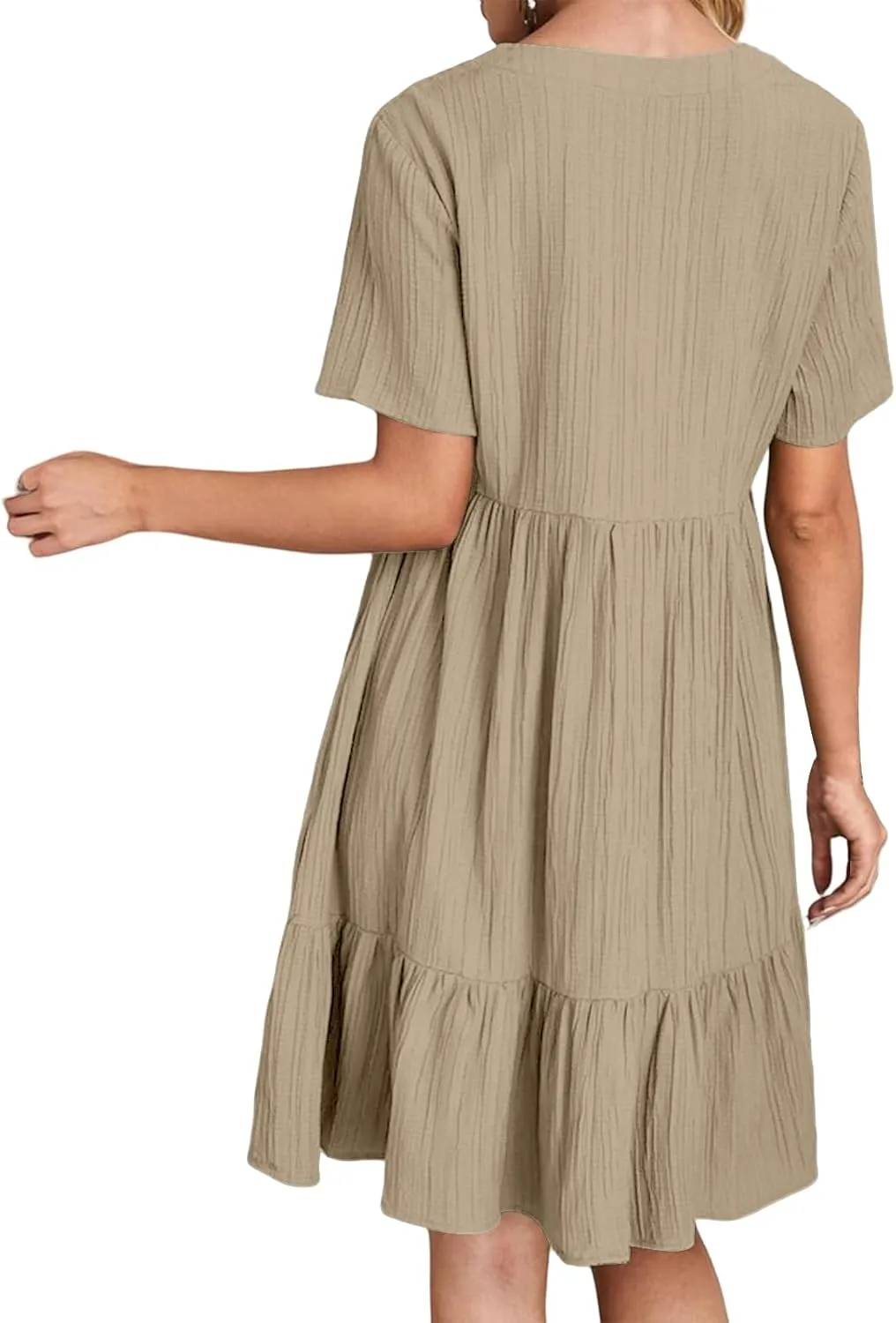 Sundresses for Women Soft V Neck Short Sleeve Ruffle Hem Tiered Flowy Swing Midi Dresses Loose A Line Flowy Beach Dress