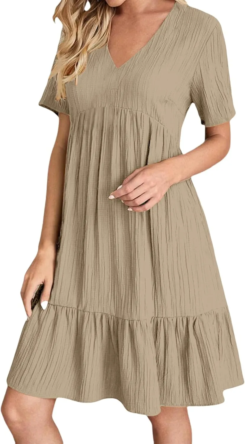 Sundresses for Women Soft V Neck Short Sleeve Ruffle Hem Tiered Flowy Swing Midi Dresses Loose A Line Flowy Beach Dress