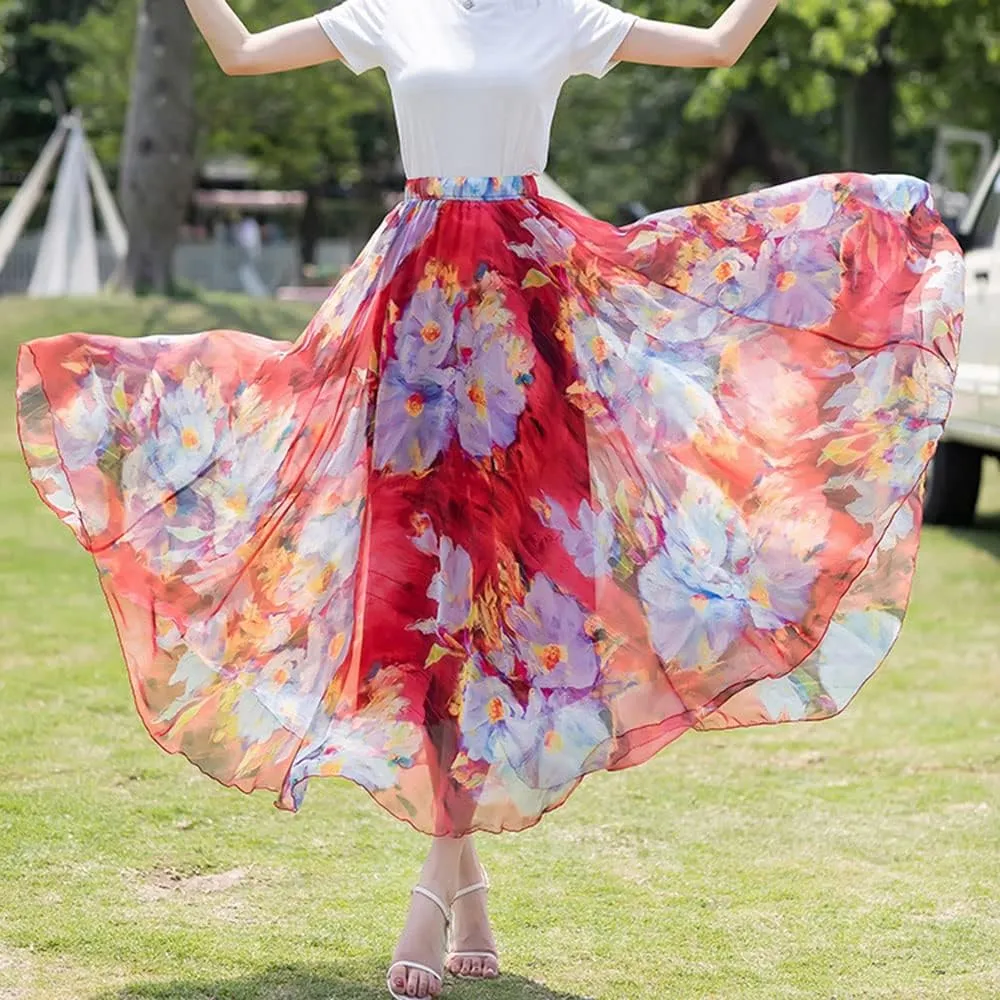 TangDao Women's Flowing Bohemian Long Skirt Floral Chiffon Tall Waist Elastic Breathable Umbrella Skirt