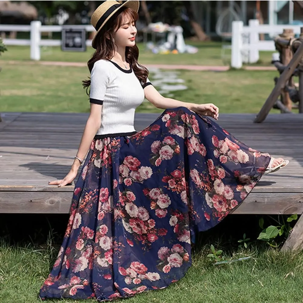 TangDao Women's Flowing Bohemian Long Skirt Floral Chiffon Tall Waist Elastic Breathable Umbrella Skirt