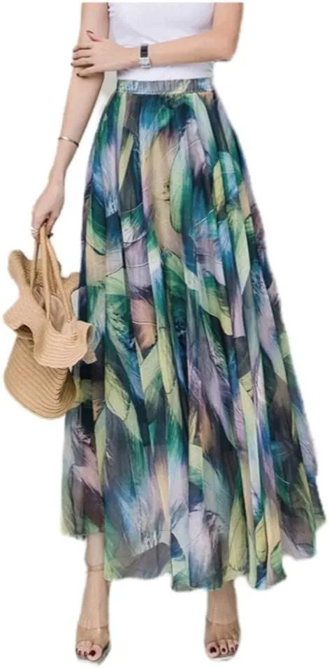TangDao Women's Flowing Bohemian Long Skirt Floral Chiffon Tall Waist Elastic Breathable Umbrella Skirt