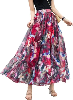 TangDao Women's Flowing Bohemian Long Skirt Floral Chiffon Tall Waist Elastic Breathable Umbrella Skirt