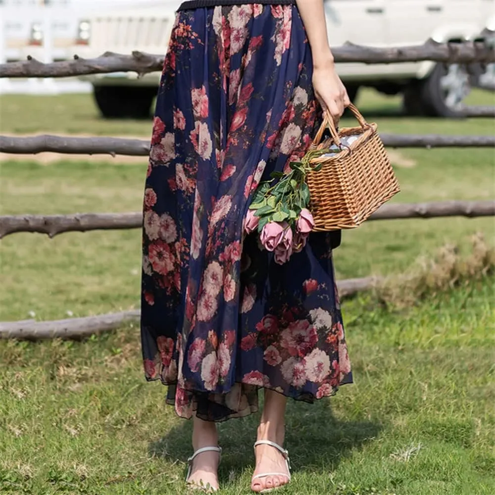 TangDao Women's Flowing Bohemian Long Skirt Floral Chiffon Tall Waist Elastic Breathable Umbrella Skirt