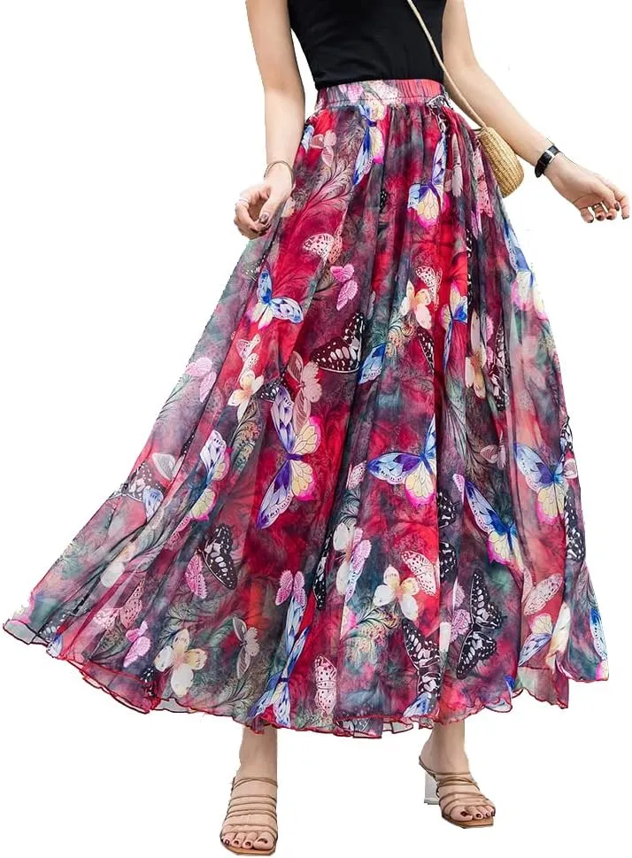 TangDao Women's Flowing Bohemian Long Skirt Floral Chiffon Tall Waist Elastic Breathable Umbrella Skirt