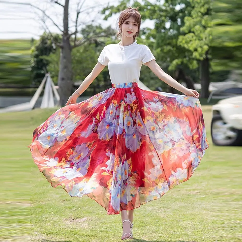 TangDao Women's Flowing Bohemian Long Skirt Floral Chiffon Tall Waist Elastic Breathable Umbrella Skirt