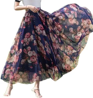 TangDao Women's Flowing Bohemian Long Skirt Floral Chiffon Tall Waist Elastic Breathable Umbrella Skirt
