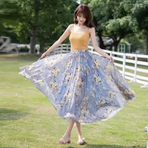 TangDao Women's Flowing Bohemian Long Skirt Floral Chiffon Tall Waist Elastic Breathable Umbrella Skirt