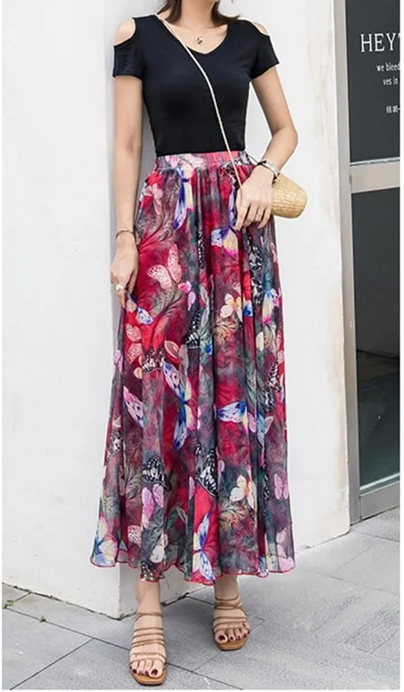 TangDao Women's Flowing Bohemian Long Skirt Floral Chiffon Tall Waist Elastic Breathable Umbrella Skirt