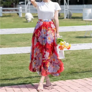 TangDao Women's Flowing Bohemian Long Skirt Floral Chiffon Tall Waist Elastic Breathable Umbrella Skirt