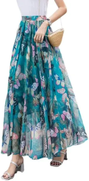TangDao Women's Flowing Bohemian Long Skirt Floral Chiffon Tall Waist Elastic Breathable Umbrella Skirt