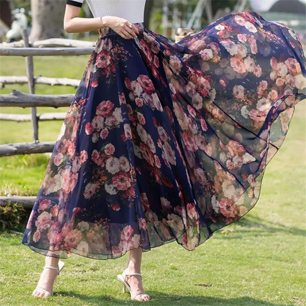 TangDao Women's Flowing Bohemian Long Skirt Floral Chiffon Tall Waist Elastic Breathable Umbrella Skirt