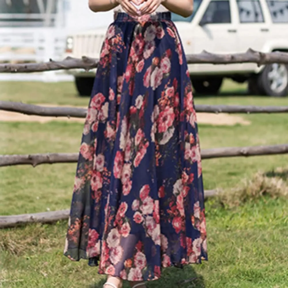 TangDao Women's Flowing Bohemian Long Skirt Floral Chiffon Tall Waist Elastic Breathable Umbrella Skirt