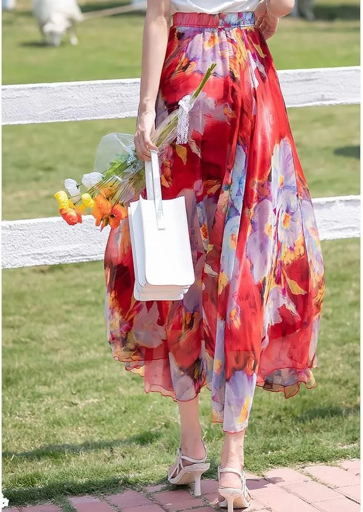 TangDao Women's Flowing Bohemian Long Skirt Floral Chiffon Tall Waist Elastic Breathable Umbrella Skirt