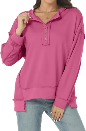 Tanou Women's 2024 Oversized Sweatshirts Long Sleeve Button Up Hoodies Henley V Neck Casual Pullover Hooded Tunic