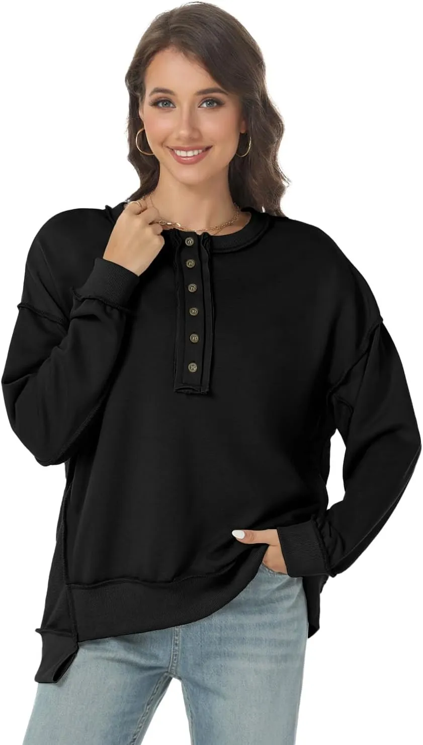 Tanou Women's 2024 Oversized Sweatshirts Long Sleeve Button Up Hoodies Henley V Neck Casual Pullover Hooded Tunic