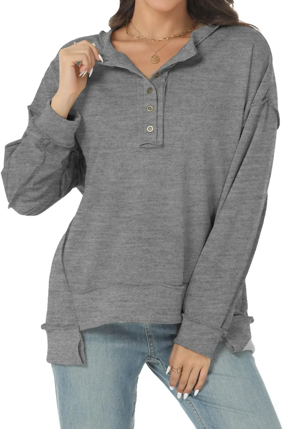 Tanou Women's 2024 Oversized Sweatshirts Long Sleeve Button Up Hoodies Henley V Neck Casual Pullover Hooded Tunic