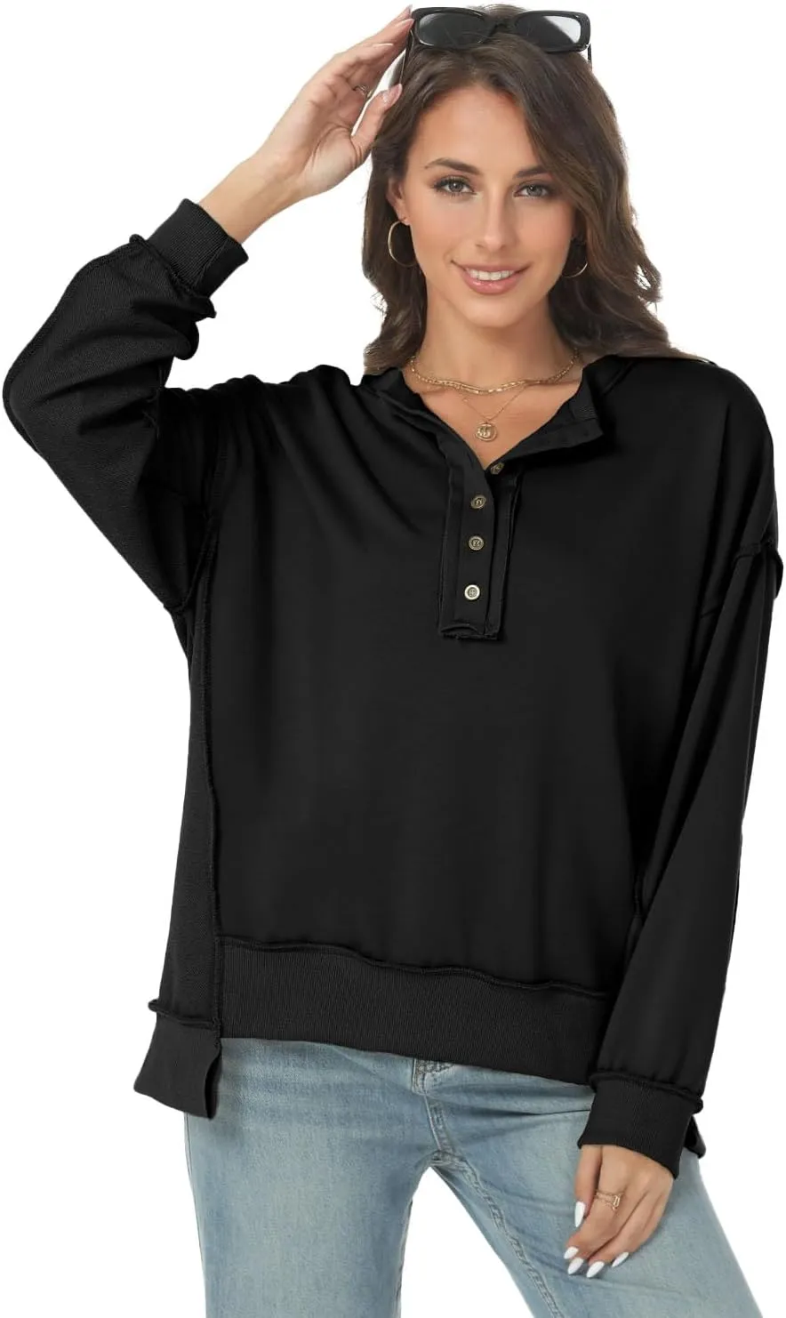 Tanou Women's 2024 Oversized Sweatshirts Long Sleeve Button Up Hoodies Henley V Neck Casual Pullover Hooded Tunic