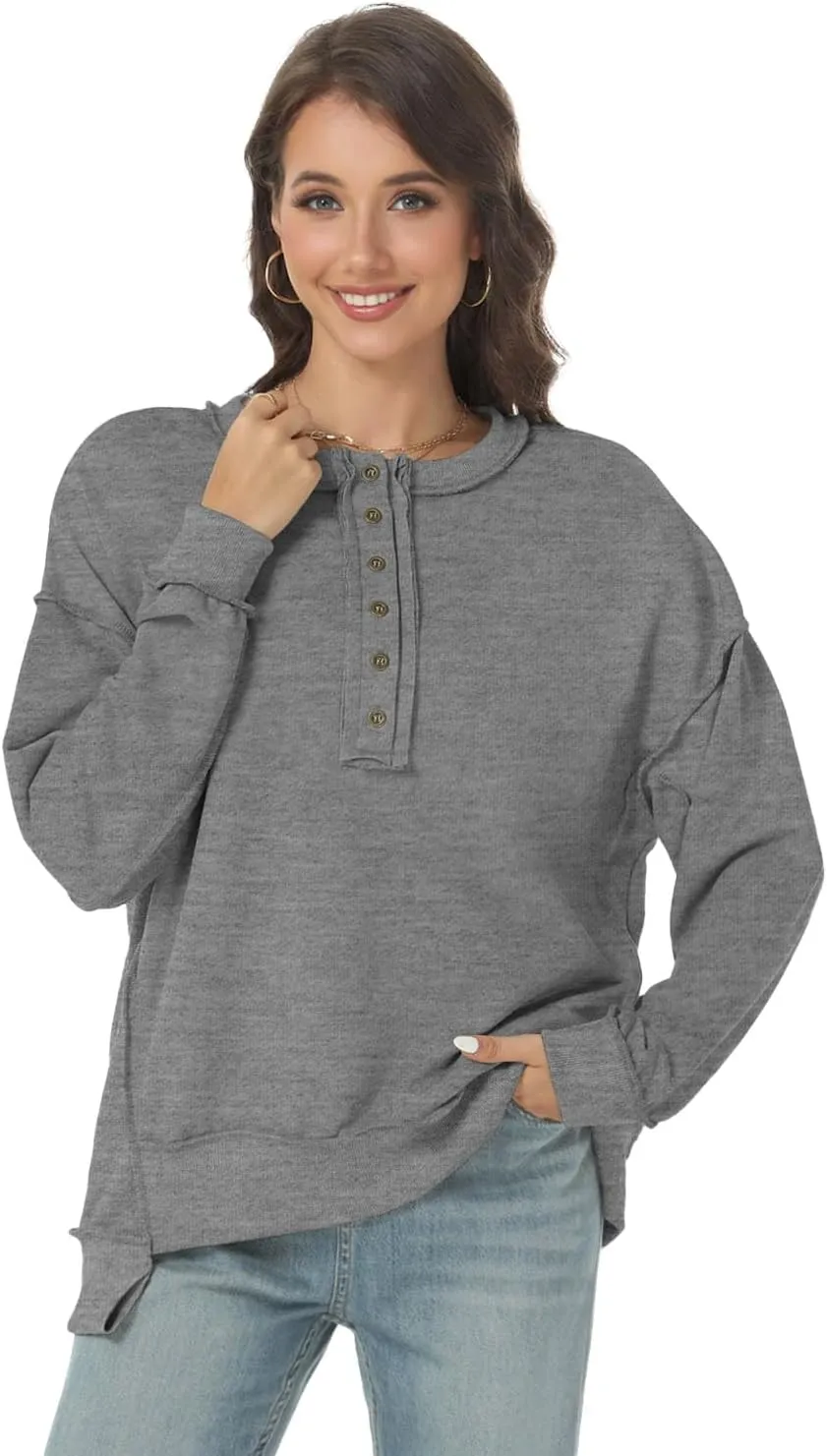 Tanou Women's 2024 Oversized Sweatshirts Long Sleeve Button Up Hoodies Henley V Neck Casual Pullover Hooded Tunic
