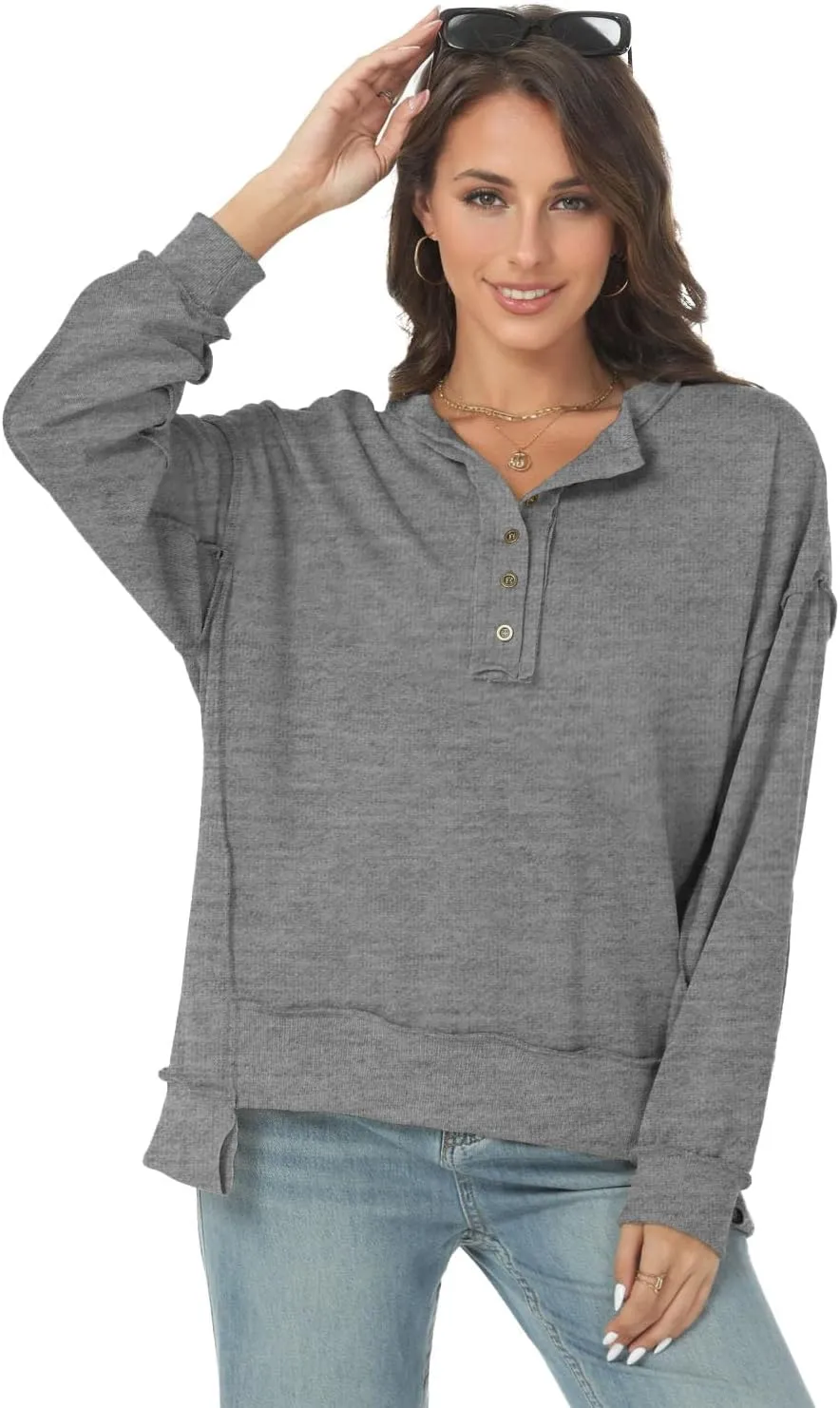 Tanou Women's 2024 Oversized Sweatshirts Long Sleeve Button Up Hoodies Henley V Neck Casual Pullover Hooded Tunic