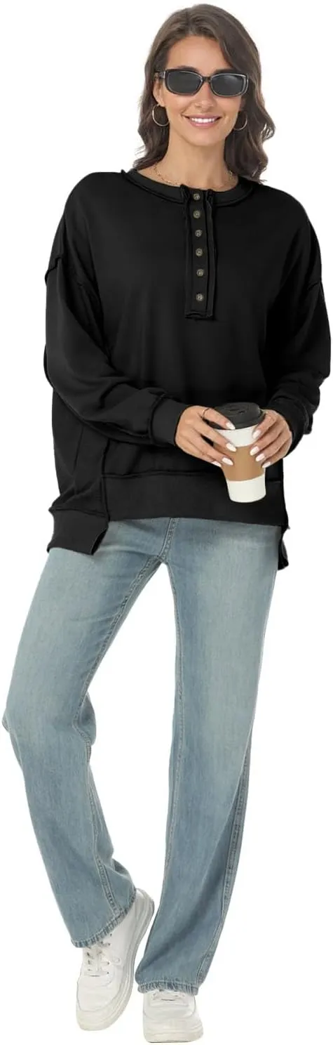 Tanou Women's 2024 Oversized Sweatshirts Long Sleeve Button Up Hoodies Henley V Neck Casual Pullover Hooded Tunic