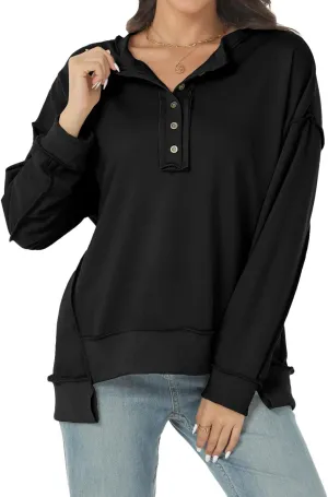 Tanou Women's 2024 Oversized Sweatshirts Long Sleeve Button Up Hoodies Henley V Neck Casual Pullover Hooded Tunic