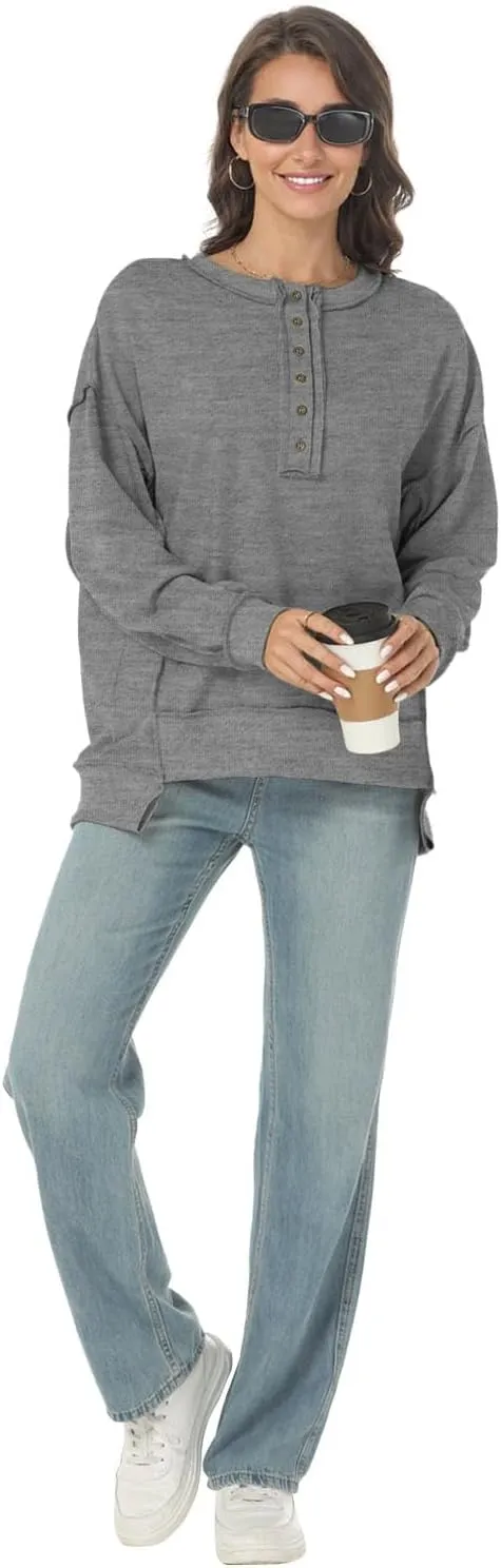 Tanou Women's 2024 Oversized Sweatshirts Long Sleeve Button Up Hoodies Henley V Neck Casual Pullover Hooded Tunic