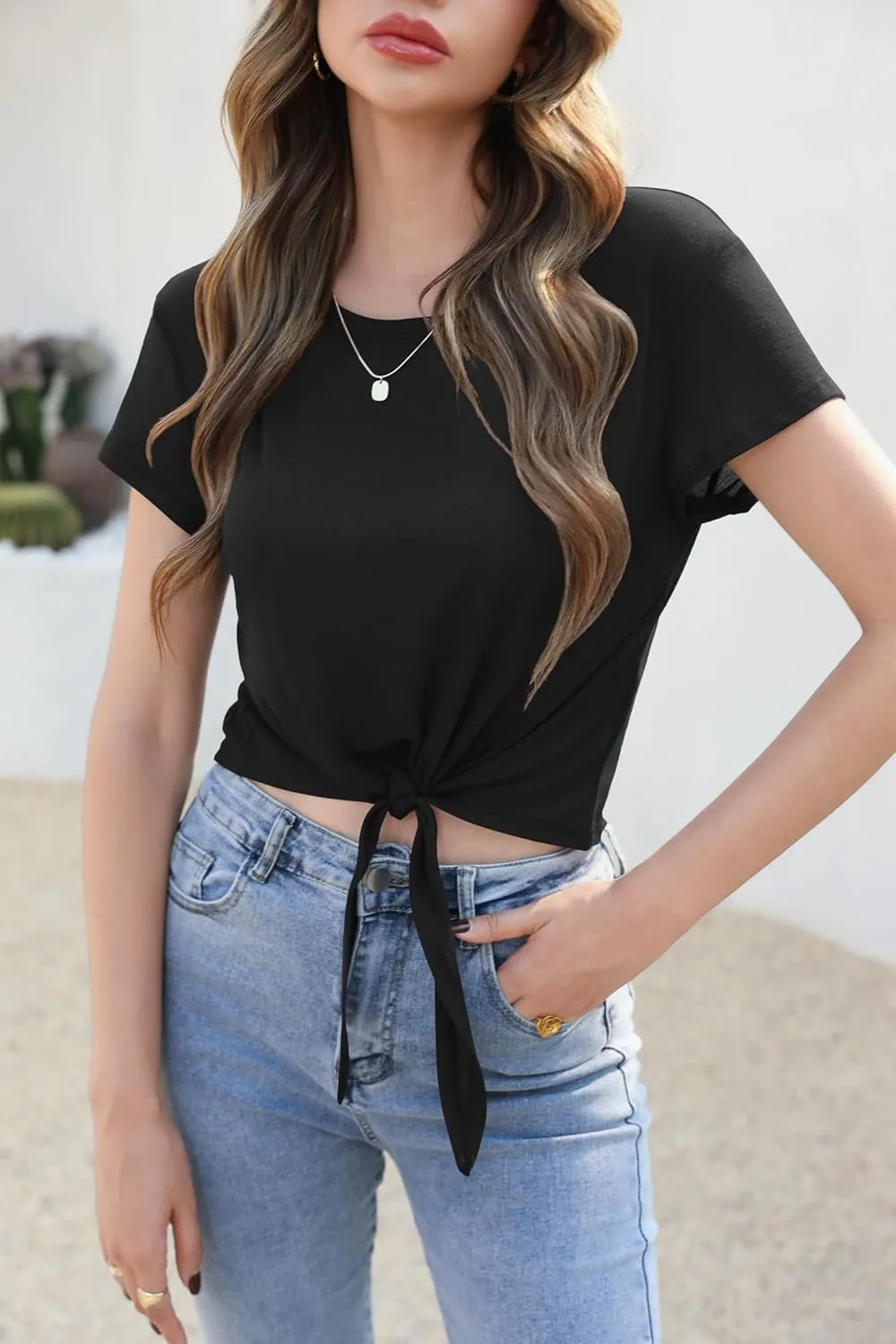 TASAMO Women's Summer Crop Top Lightweight Short Sleeve Tie Front Loose Fit Y2K Stripe Thin Tee Slightly Sheer T-Shirt
