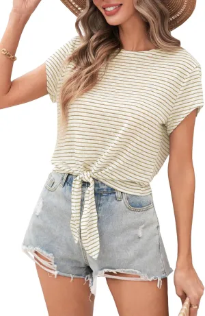 TASAMO Women's Summer Crop Top Lightweight Short Sleeve Tie Front Loose Fit Y2K Stripe Thin Tee Slightly Sheer T-Shirt
