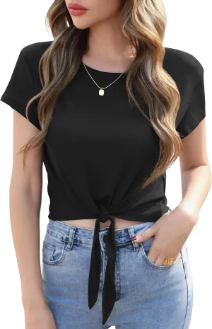 TASAMO Women's Summer Crop Top Lightweight Short Sleeve Tie Front Loose Fit Y2K Stripe Thin Tee Slightly Sheer T-Shirt