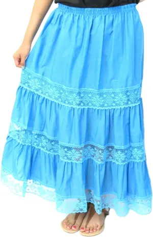 Traditional Artesenias Mexican Laced Skirts for Women, Maxi Skirts, Long Boho Skirt, Ethnic Flowy Skirt - Made in Mexico (Aqua)