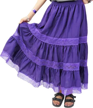 Traditional Artesenias Mexican Laced Skirts for Women, Maxi Skirts, Long Boho Skirt, Ethnic Flowy Skirt - Made in Mexico (Purple)