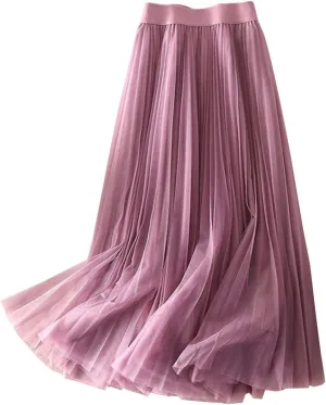 Tulle Skirts for Women High Waist Pleated Chiffon Skirt Casual Boho Midi Swing A-Line Solid Double Layer Summer