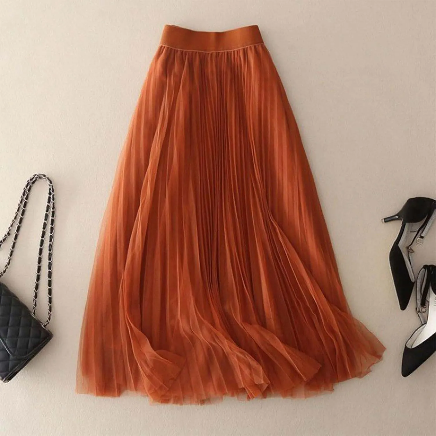 Tulle Skirts for Women High Waist Pleated Chiffon Skirt Casual Boho Midi Swing A-Line Solid Double Layer Summer