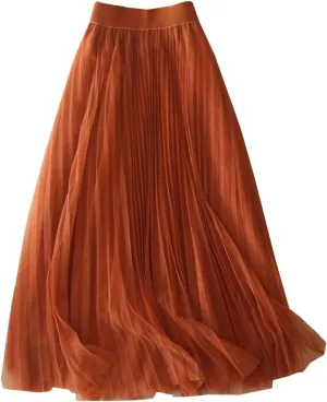 Tulle Skirts for Women High Waist Pleated Chiffon Skirt Casual Boho Midi Swing A-Line Solid Double Layer Summer