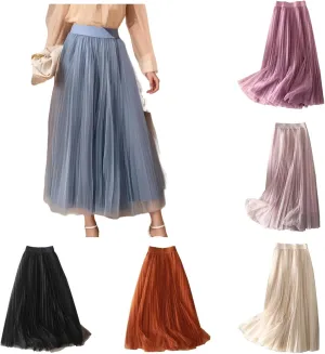 Tulle Skirts for Women High Waist Pleated Chiffon Skirt Casual Boho Midi Swing A-Line Solid Double Layer Summer