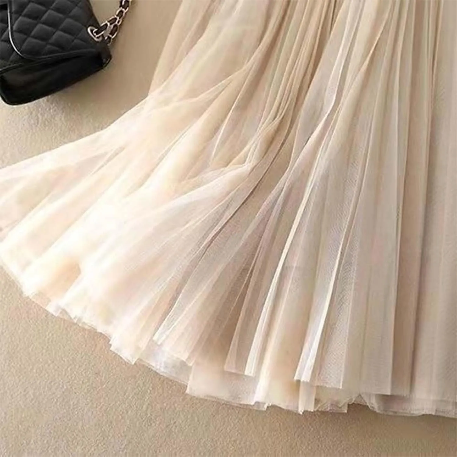 Tulle Skirts for Women Solid Chiffon High Waist Pleated Skirt Casual Boho Midi Swing A-Line Double Layer Summer