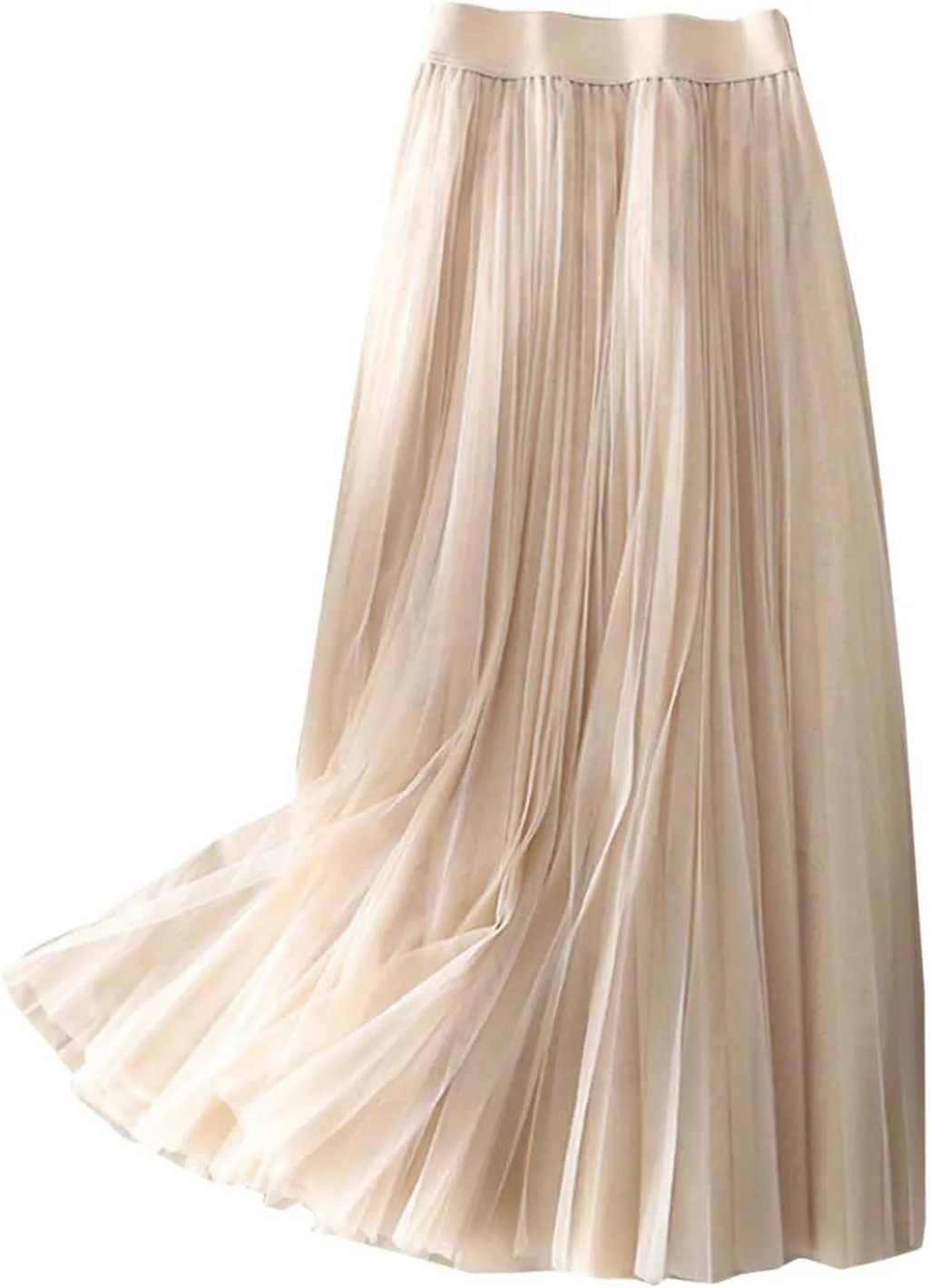 Tulle Skirts for Women Solid Chiffon High Waist Pleated Skirt Casual Boho Midi Swing A-Line Double Layer Summer