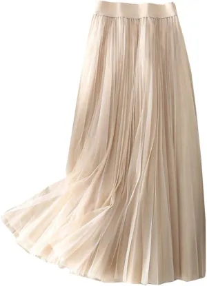 Tulle Skirts for Women Solid Chiffon High Waist Pleated Skirt Casual Boho Midi Swing A-Line Double Layer Summer