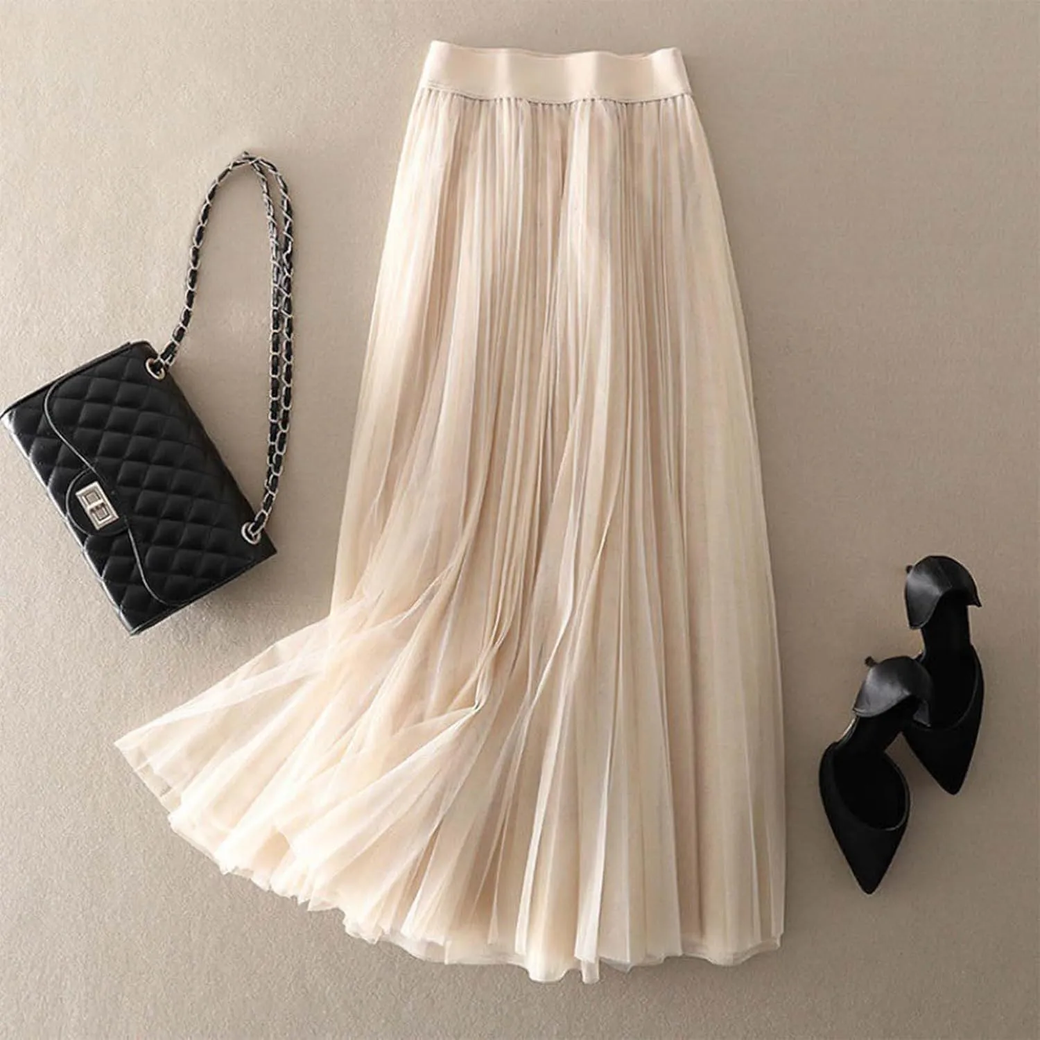 Tulle Skirts for Women Solid Chiffon High Waist Pleated Skirt Casual Boho Midi Swing A-Line Double Layer Summer