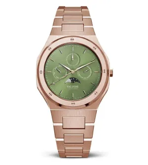Valuchi Lunar Calendar Quartz Rose Gold Green 40mm Watch