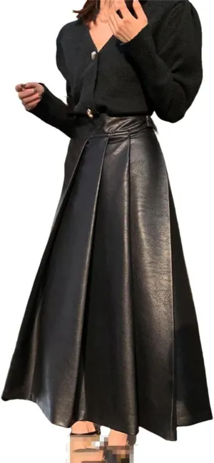 Vogrtcc Women Fashion Autumn High Waisted Pleated Soft Faux Leather Midi Skirt A Line Long Skirts