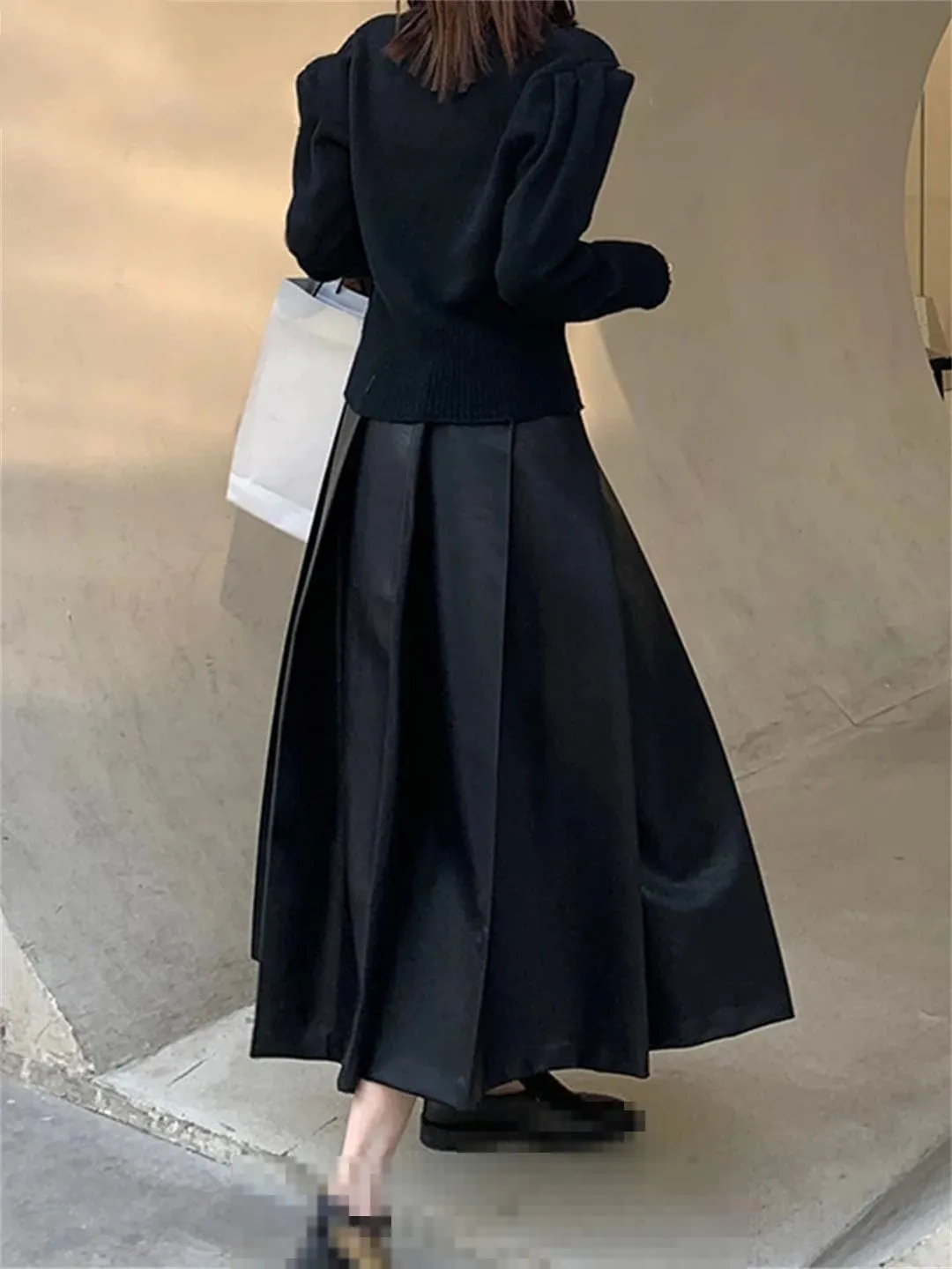 Vogrtcc Women Fashion Autumn High Waisted Pleated Soft Faux Leather Midi Skirt A Line Long Skirts