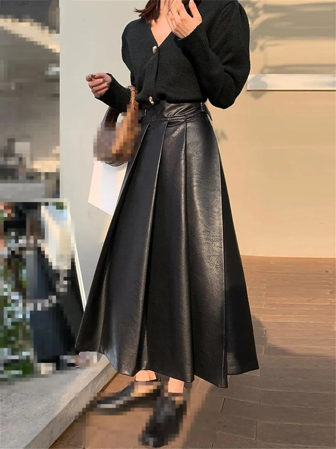 Vogrtcc Women Fashion Autumn High Waisted Pleated Soft Faux Leather Midi Skirt A Line Long Skirts