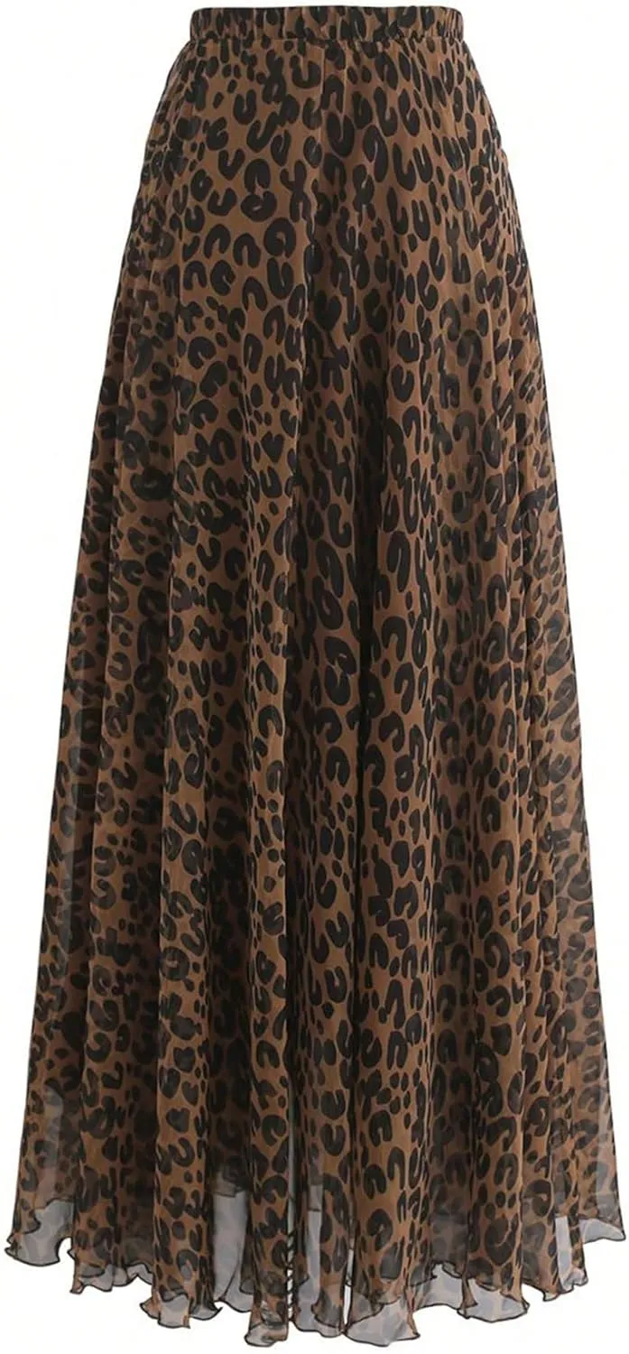 WDIRARA Women's Leopard Print Maxi Skirt High Waisted Flowy Shirring A Line Long Skirts